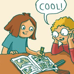 Bild mit Comic Figuren die einen Comic zeichnen